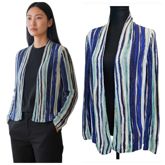 NWT Chico's Boho Linen Broken Stripe Cocoon Sweater Cardigan Medium Blue Cozy - Picture 1 of 16